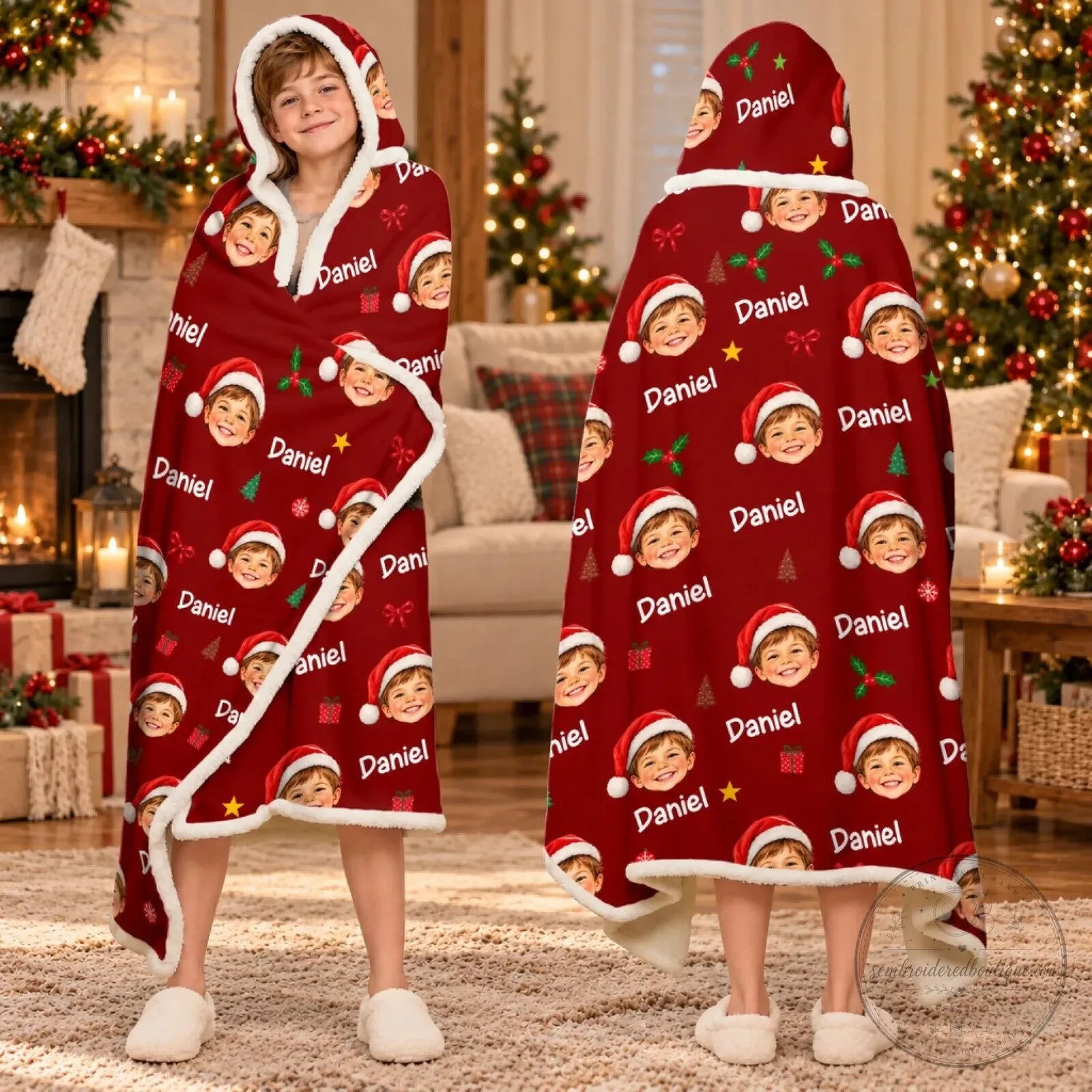 Personalized Christmas Photo Kids Wearable Hooded Blanket with Custom Name 11 Personalized Christmas Photo Kids Wearable Hooded Blanket with Custom Name