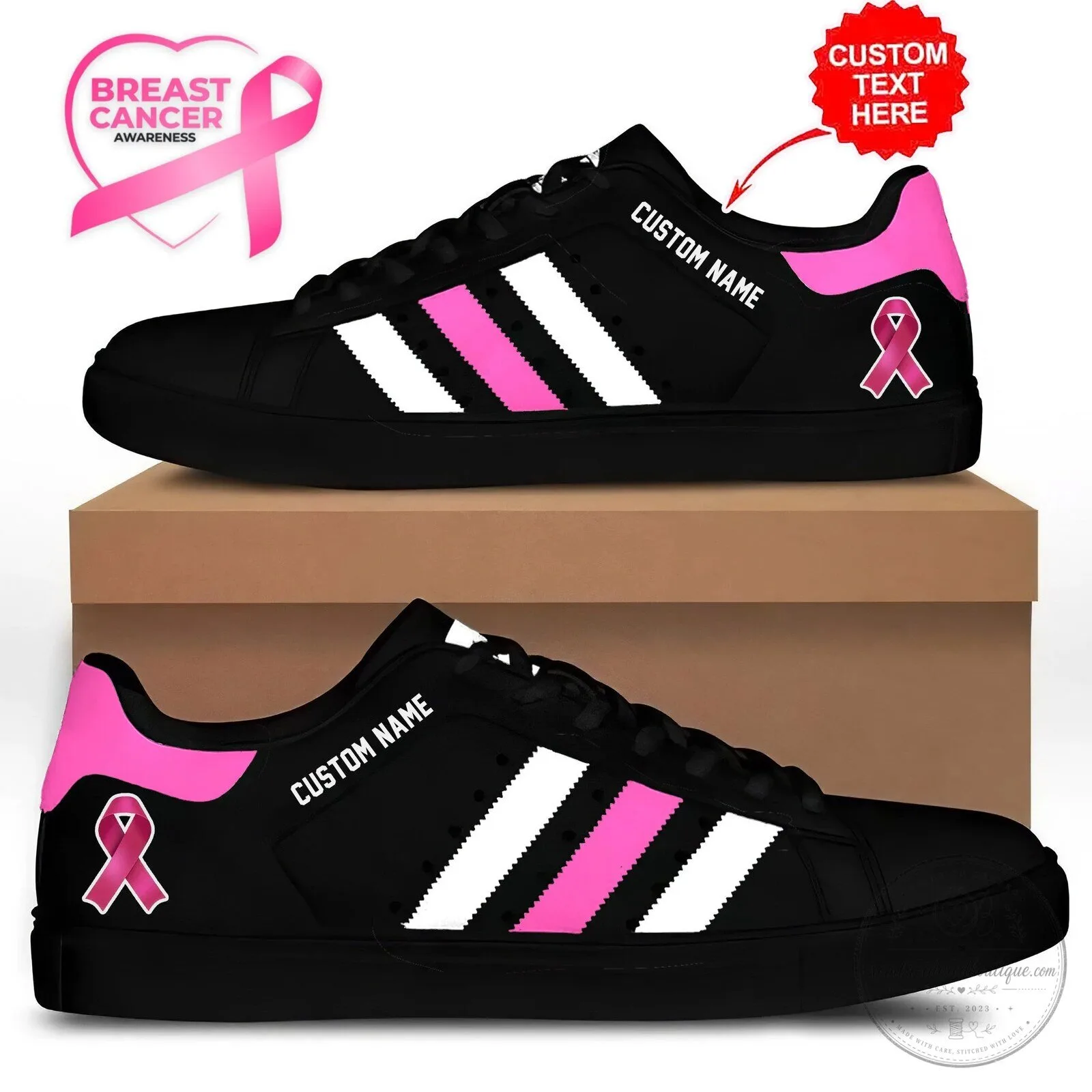 Breast Cancer Awareness Pink Ribbon Custom Name Black Sneakers