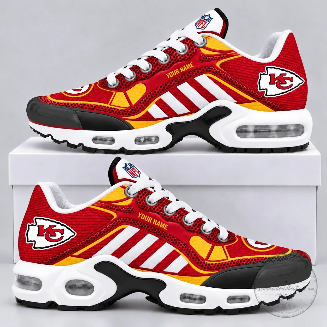Kansas City Chiefs Personalized Red and Gold Diagonal Stripe Air Max Shoes