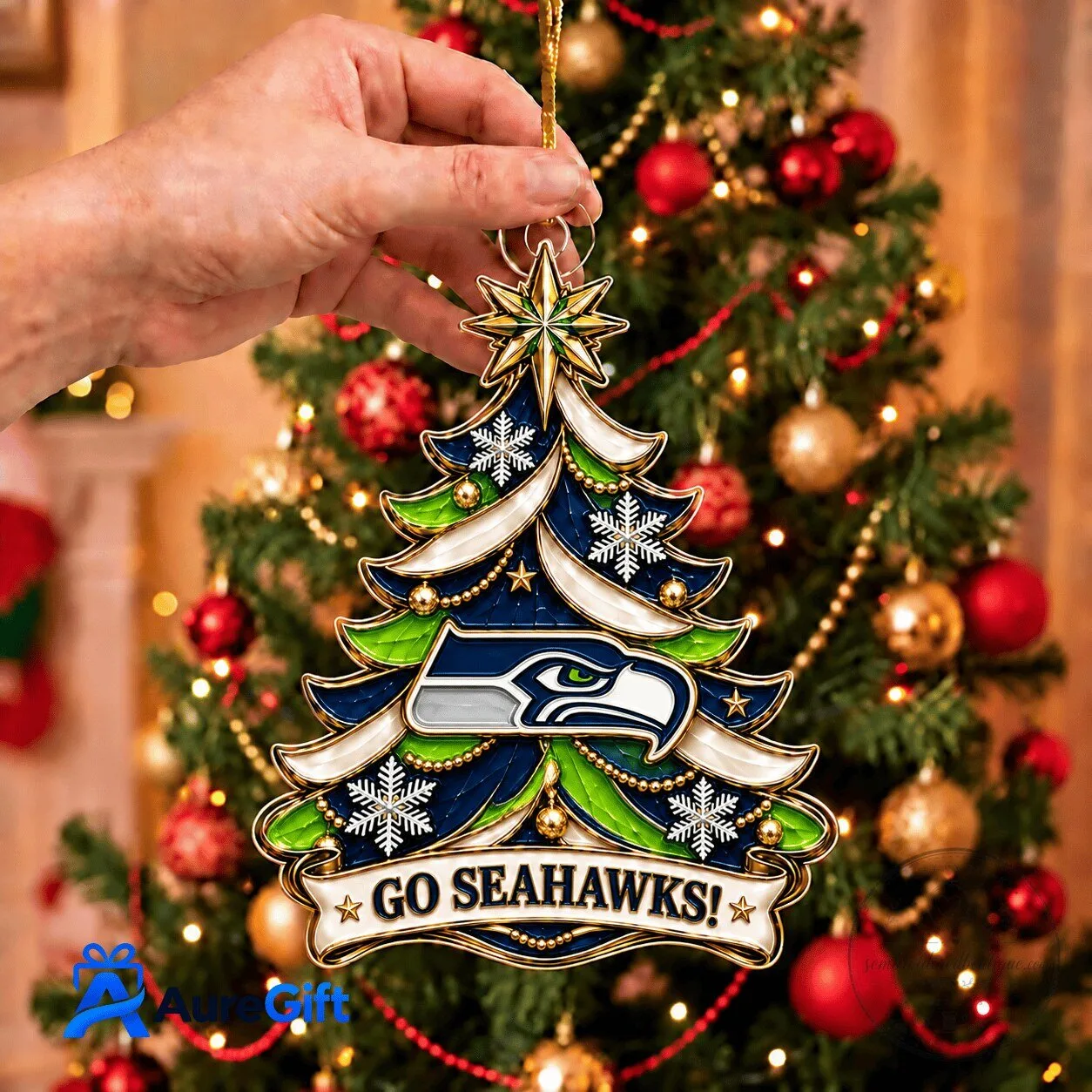 Seattle Seahawks Christmas Tree Holiday Ornament Decoration with Go Seahawks Banner