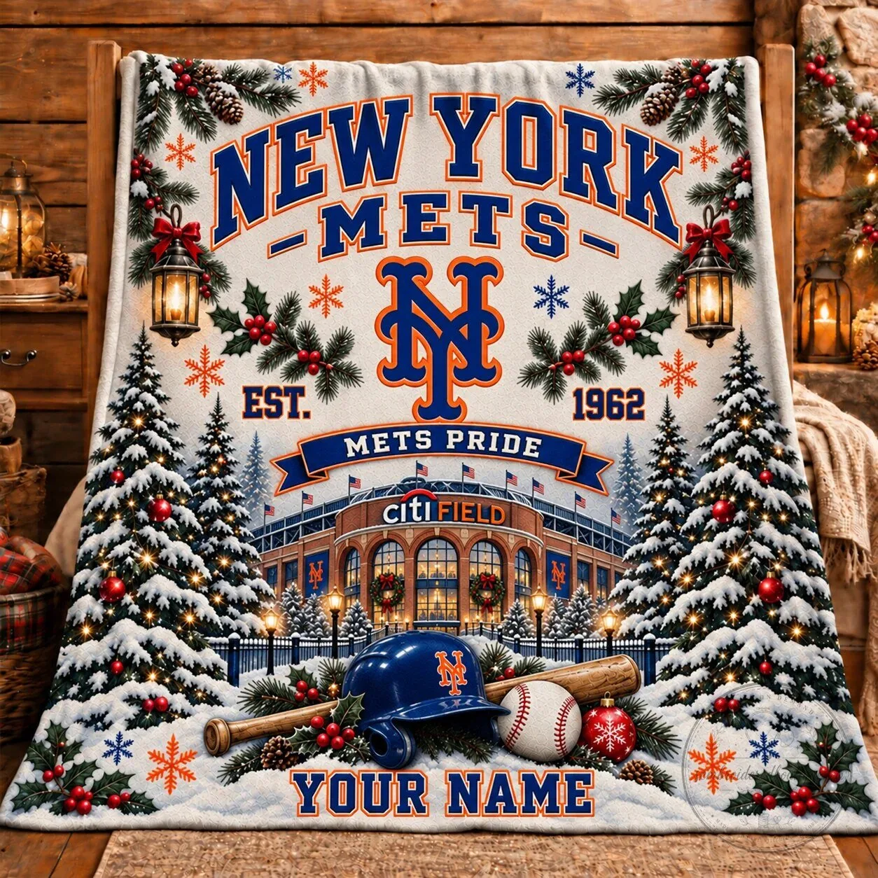 New York Mets Christmas Citi Field Est 1962 Personalized Name Blanket