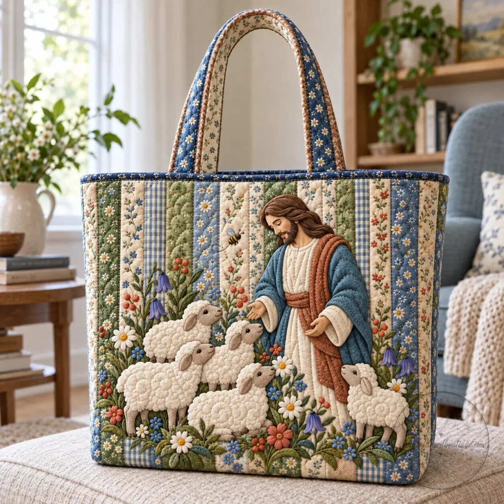 Jesus Christ The Good Shepherd Quilted Tote Bag with Lambs and Flowers Jesus Christ The Good Shepherd Quilted Tote Bag with Lambs and Flowers