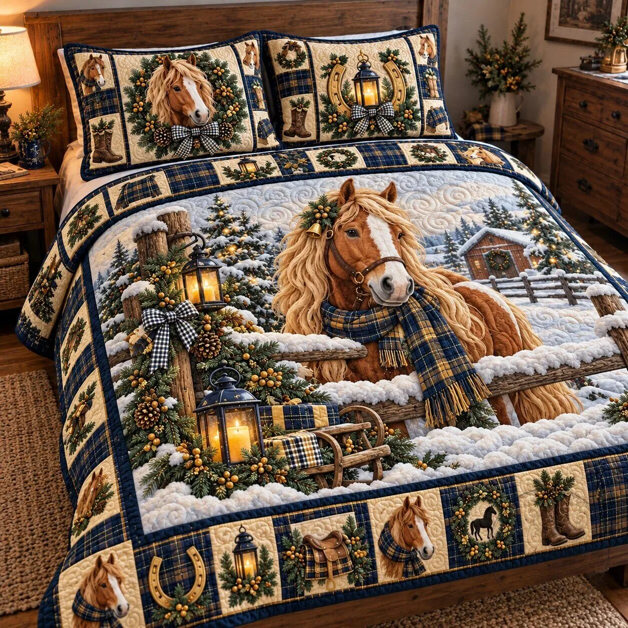 Winter Horse Christmas Farmhouse Quilted Bedding Set with Pillow Shams 5 Winter Horse Christmas Farmhouse Quilted Bedding Set with Pillow Shams