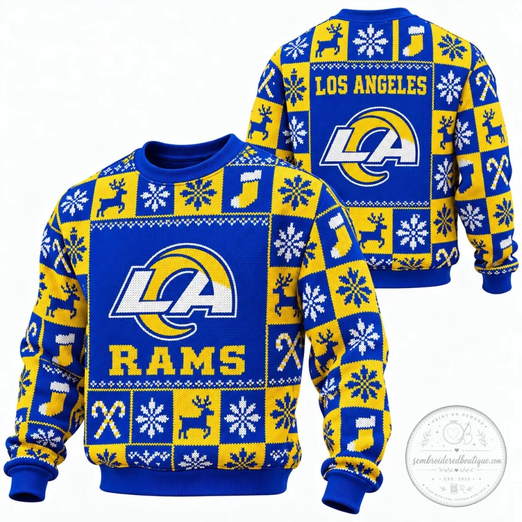 Crewneck Sweatshirt for Holiday - Ugly Christmas Sweater Featuring Los Angeles Rams Design 12 Crewneck Sweatshirt for Holiday - Ugly Christmas Sweater Featuring Los Angeles Rams Design
