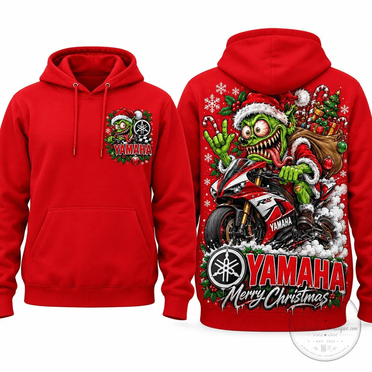 Yamaha Grinch Christmas Motorcycle Racing Santa Claus Red Hoodie