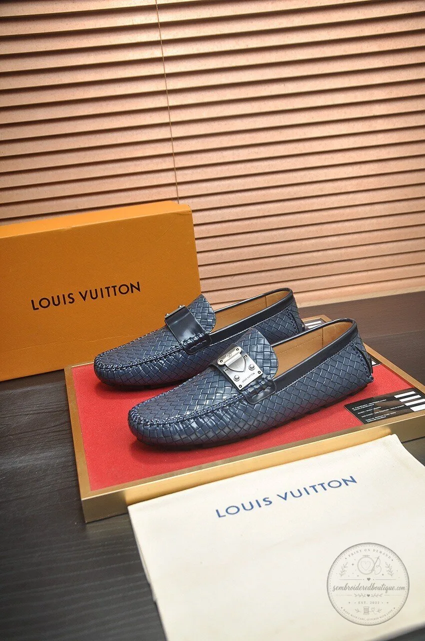 Louis Vuitton Men's Blue Woven Leather Loafers with Silver Buckle Detail