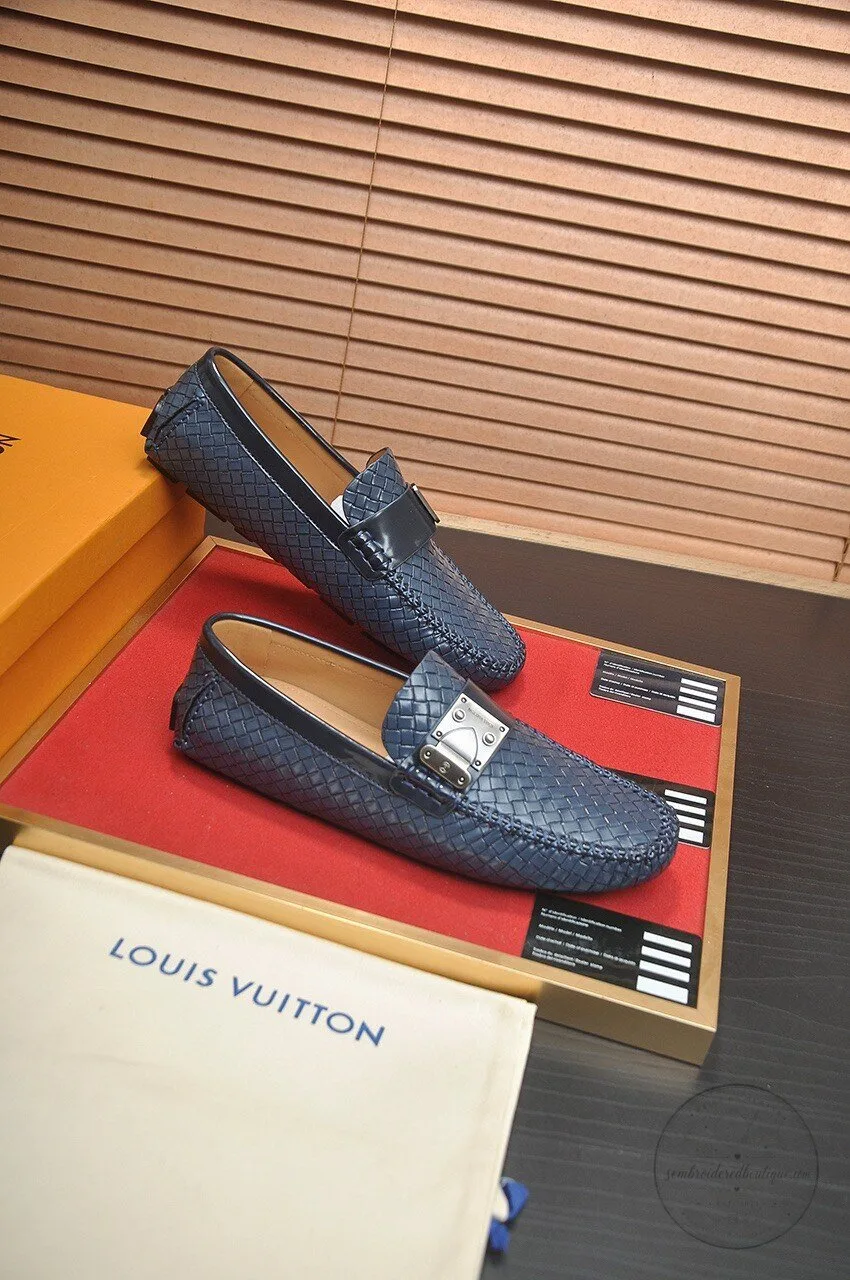Louis Vuitton Men's Blue Woven Leather Loafers with Silver Buckle Detail 9 Louis Vuitton Men