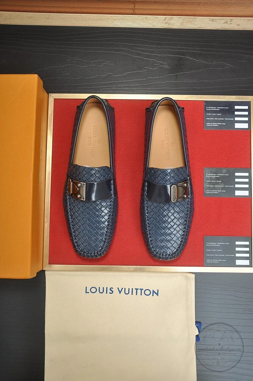 Louis Vuitton Men's Blue Woven Leather Loafers with Silver Buckle Detail 10 Louis Vuitton Men