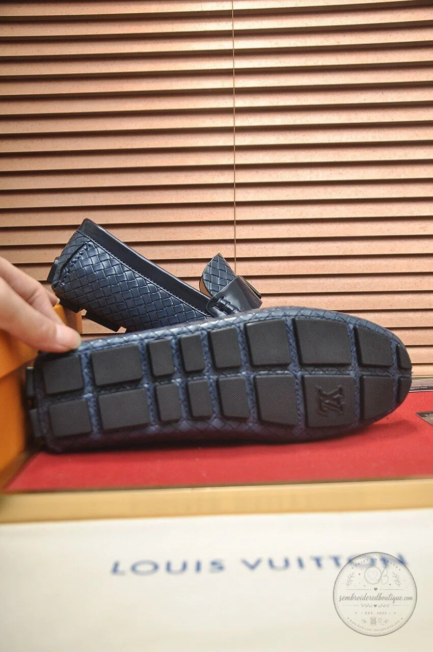 Louis Vuitton Men's Blue Woven Leather Loafers with Silver Buckle Detail 11 Louis Vuitton Men