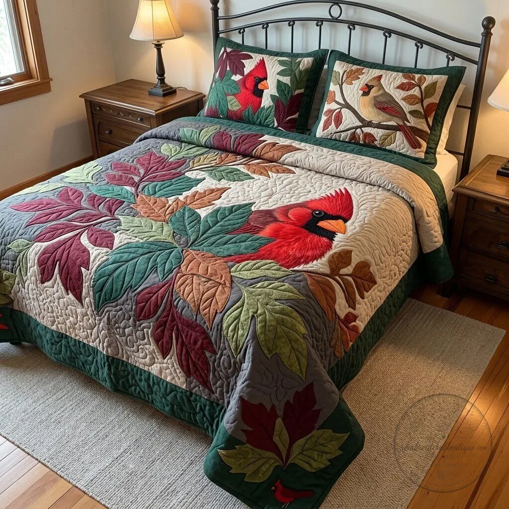 Cardinal Bird Hidden In Leaves Quilted Bedding Set