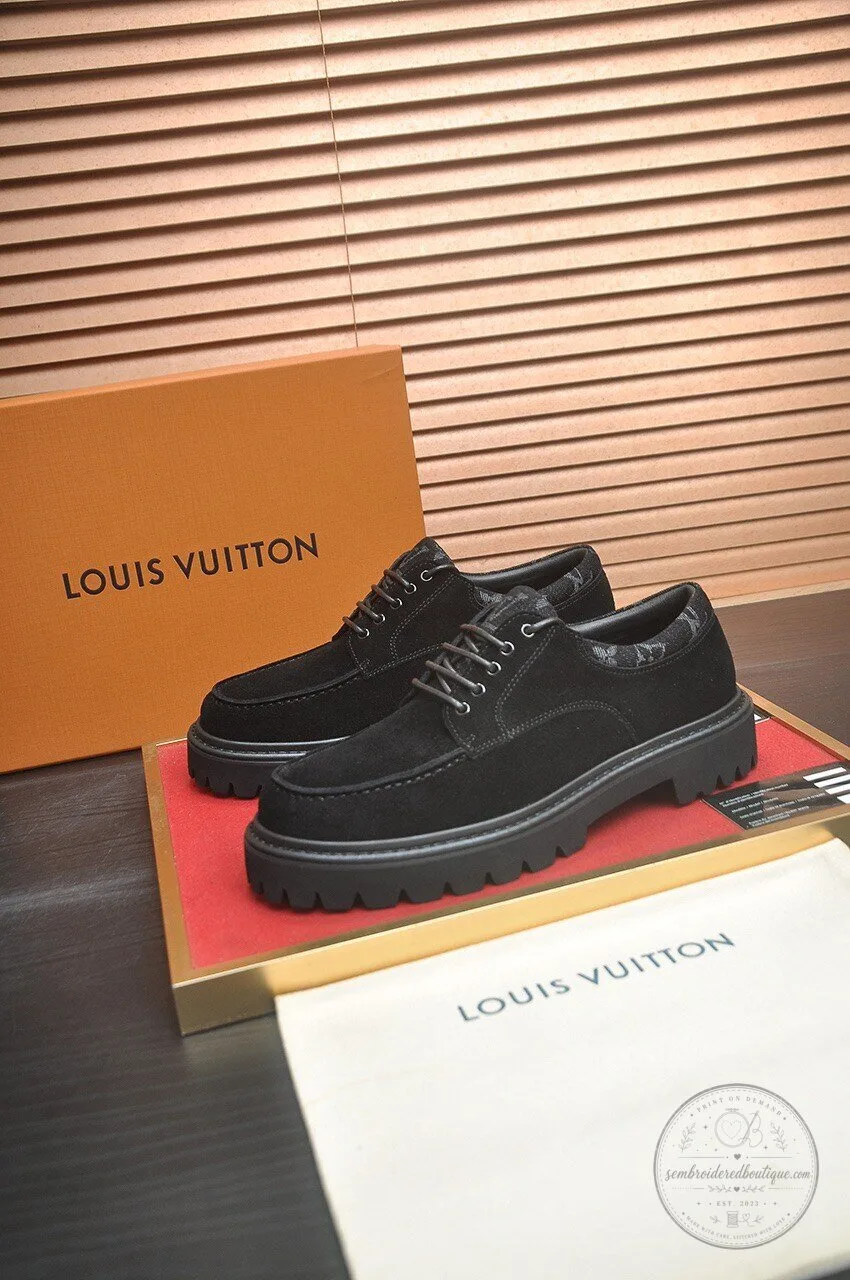 Louis Vuitton Black Suede Leather Derby Shoes with Lug Sole