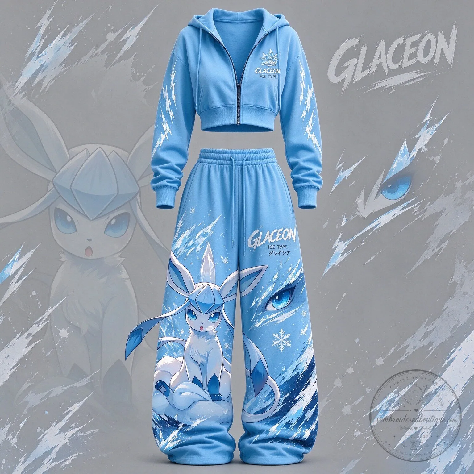 Glaceon Ice Type Pokemon Women's Cropped Zip-Up Hoodie and Sweatpants Set