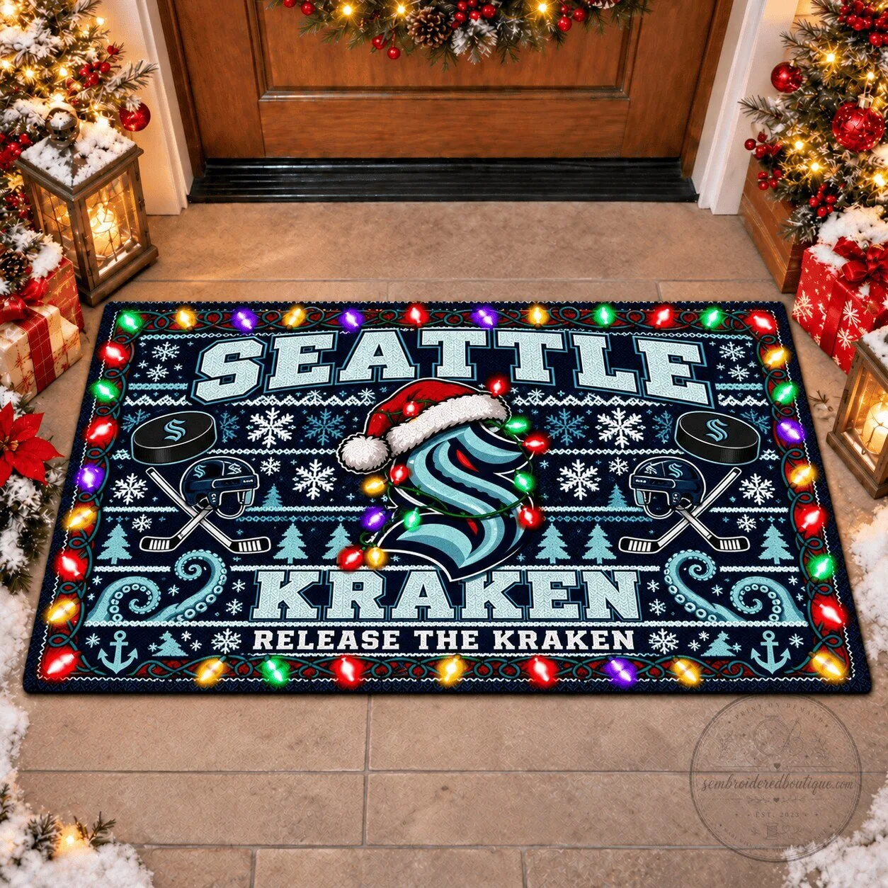 Seattle Kraken Christmas Ugly Sweater Style Holiday Doormat