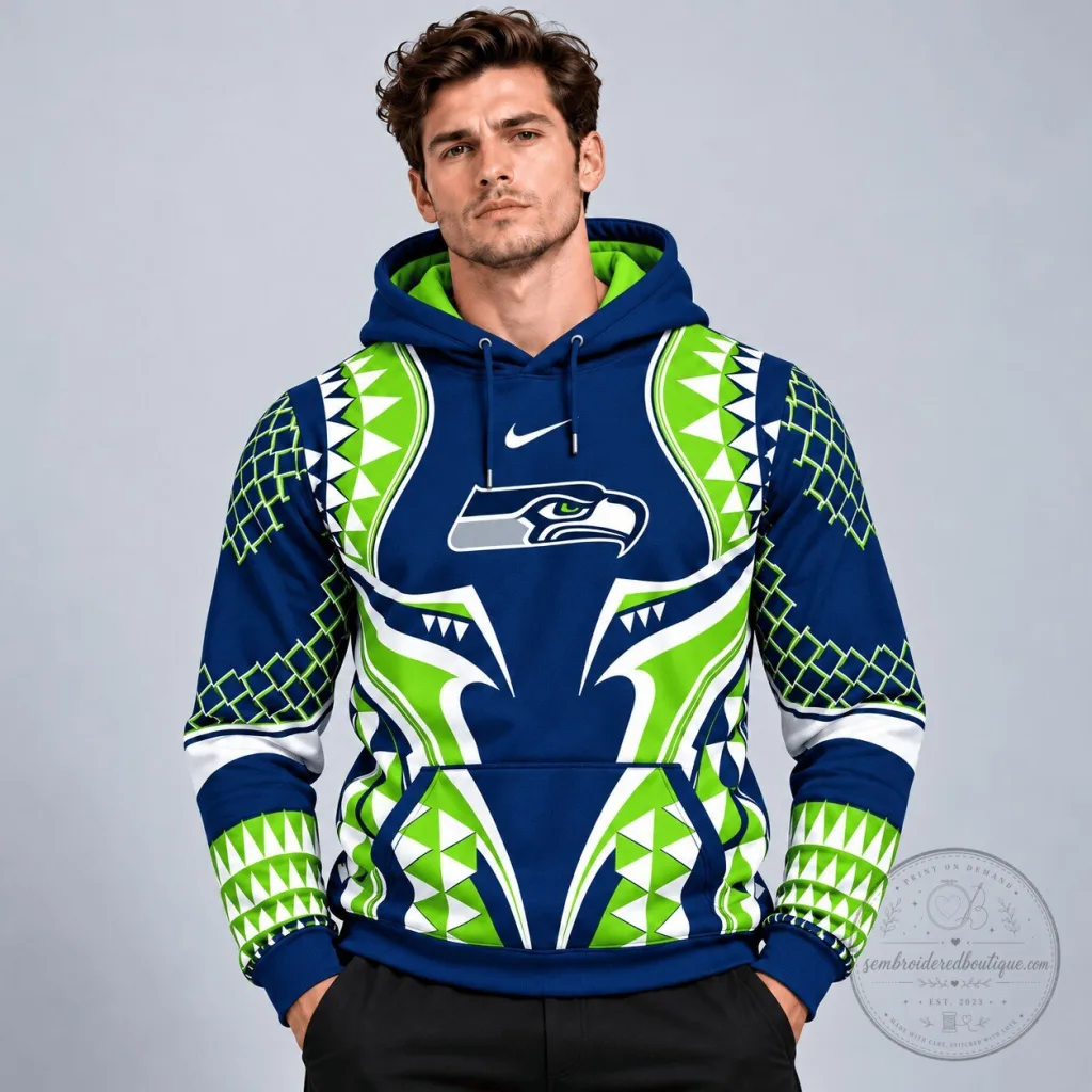 Seattle Seahawks Tribal Geometric Pattern Pullover Hoodie with Team Logo All Over Print