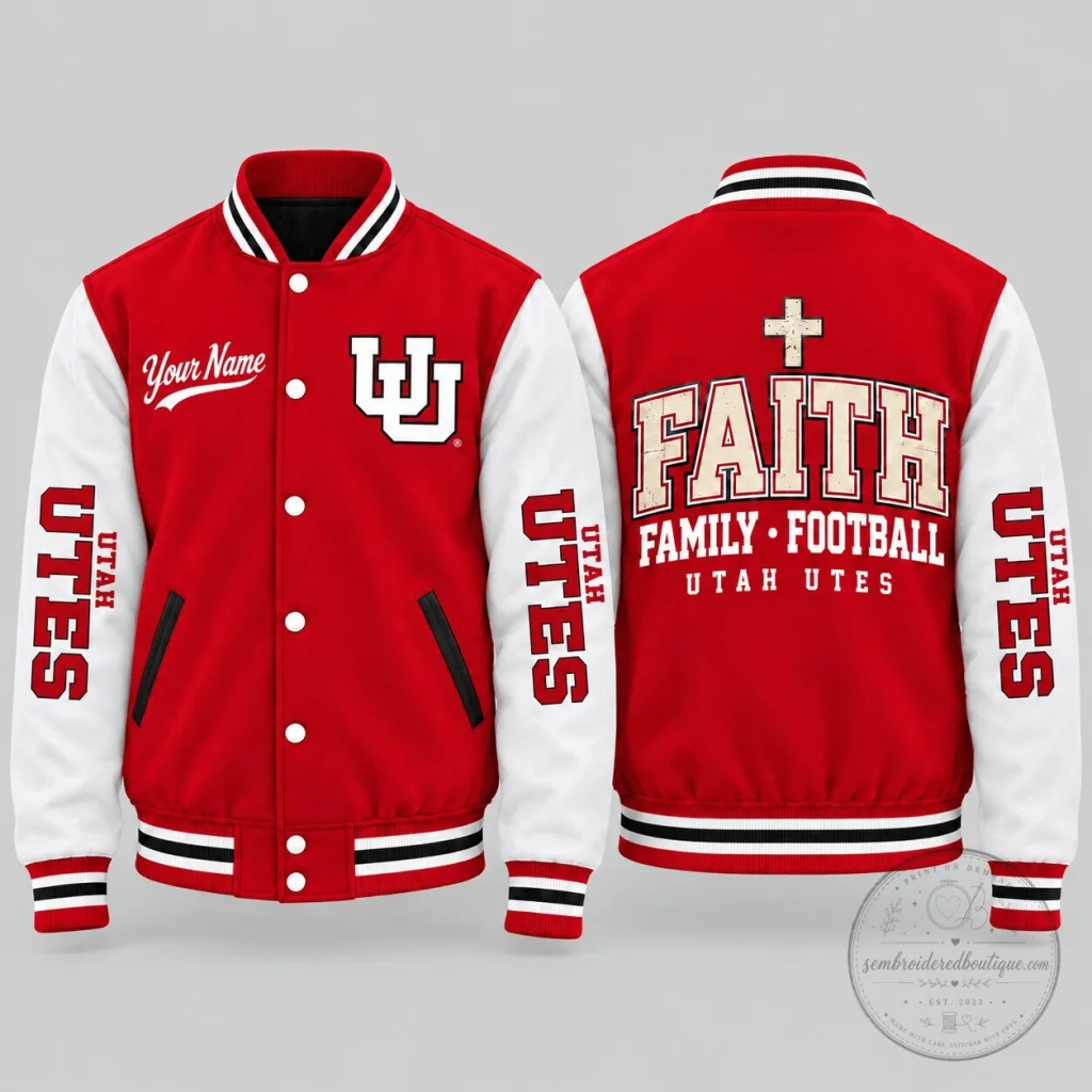 Utah Utes NCAA Faith Family Football Personalized Varsity Jacket Utah Utes NCAA Faith Family Football Personalized Varsity Jacket