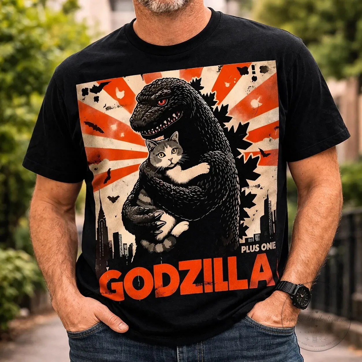 Godzilla Plus One Cute Cat Hugging Monster Black Adult T-Shirt 2 Godzilla Plus One Cute Cat Hugging Monster Black Adult T-Shirt