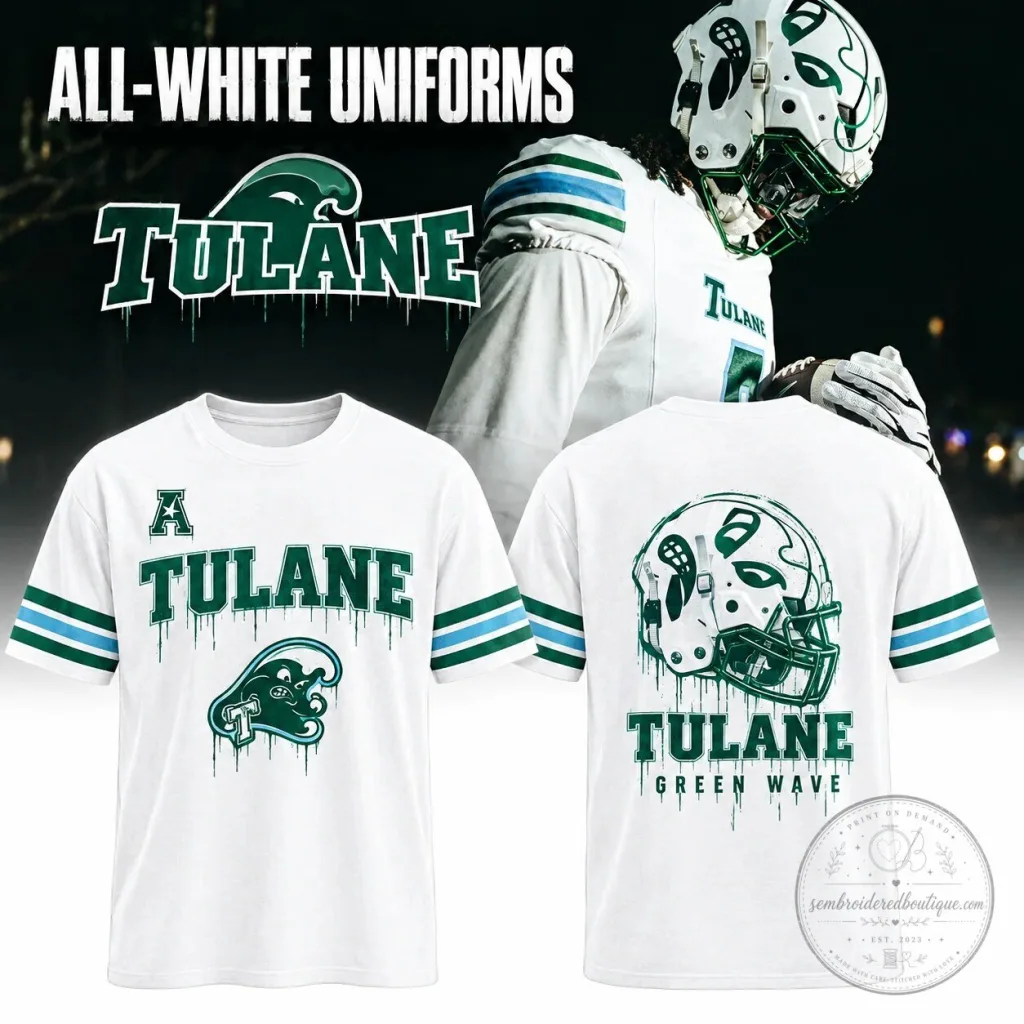 Tulane Green Wave Football Team White Uniform Style T-Shirt Tulane Green Wave Football Team White Uniform Style T-Shirt