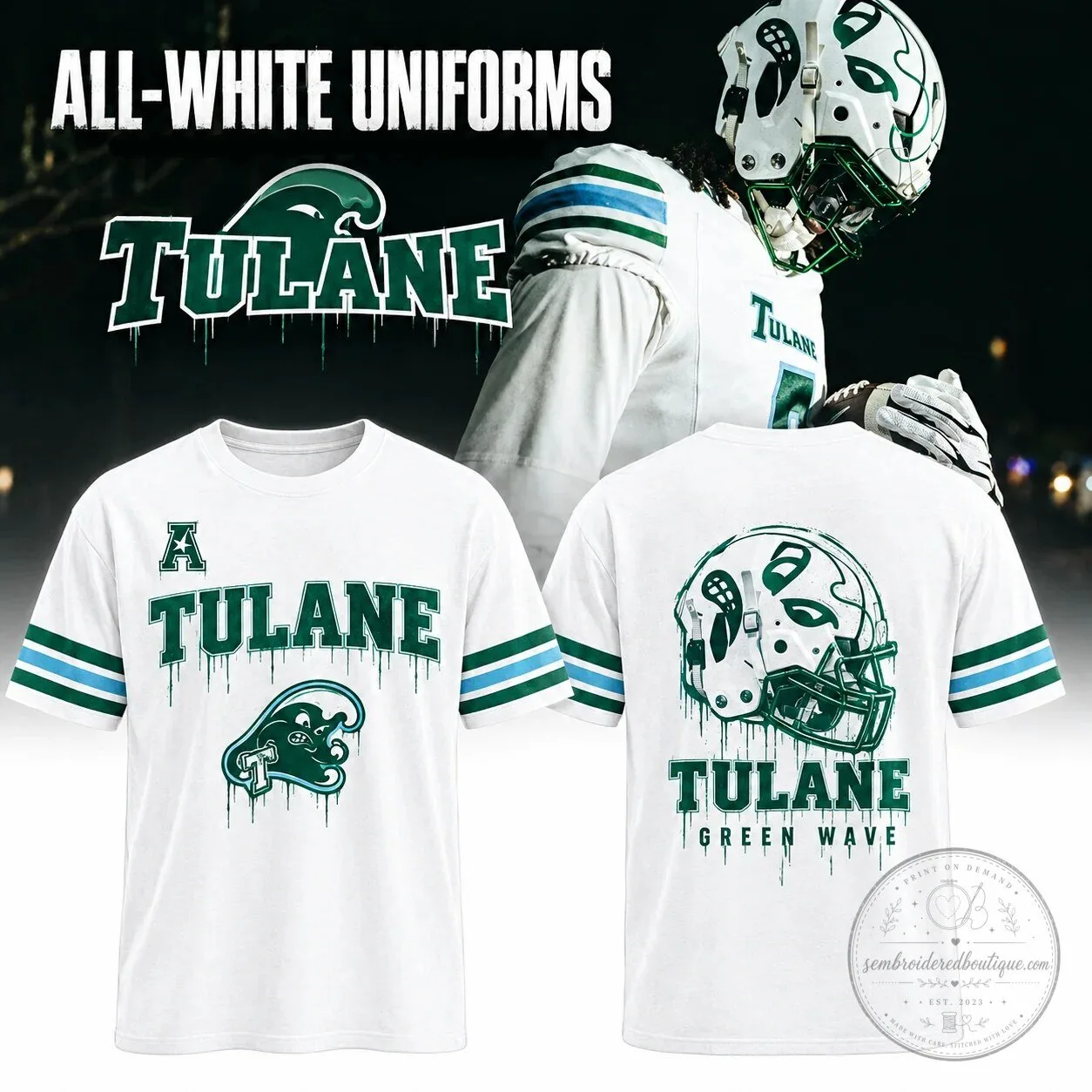 Tulane Green Wave Football Team White Uniform Style T-Shirt