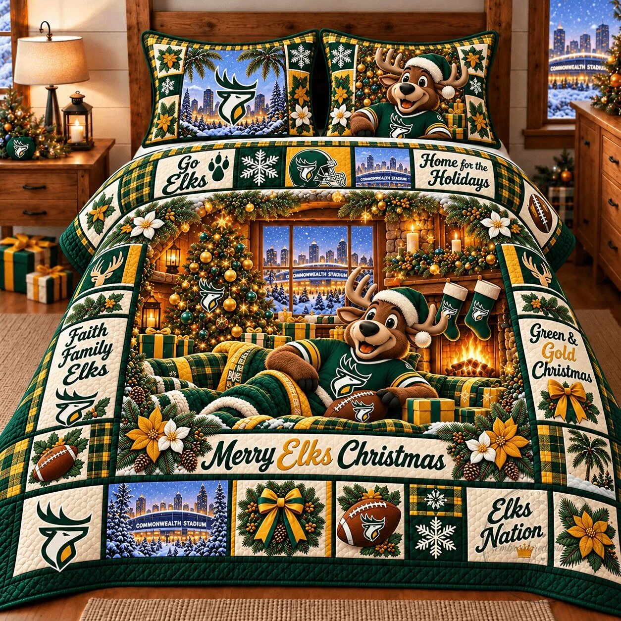 Edmonton Elks Football Christmas Holiday Bedding Set
