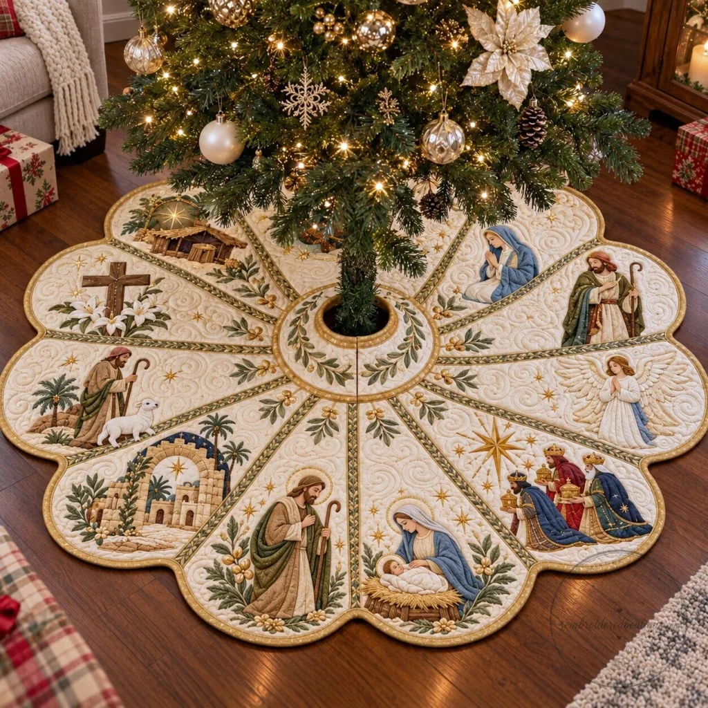 Nativity Scene Quilted Christmas Tree Skirt with Holy Family and Three Wise Men Nativity Scene Quilted Christmas Tree Skirt with Holy Family and Three Wise Men