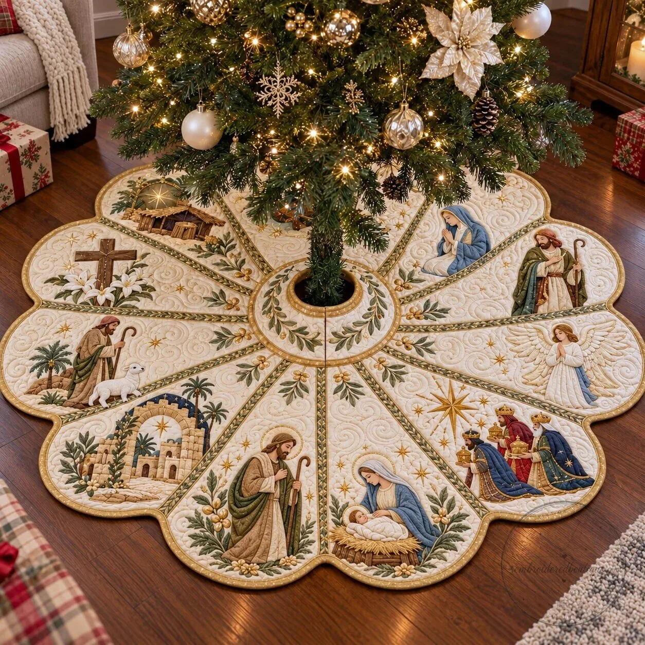 Nativity Scene Quilted Christmas Tree Skirt with Holy Family and Three Wise Men