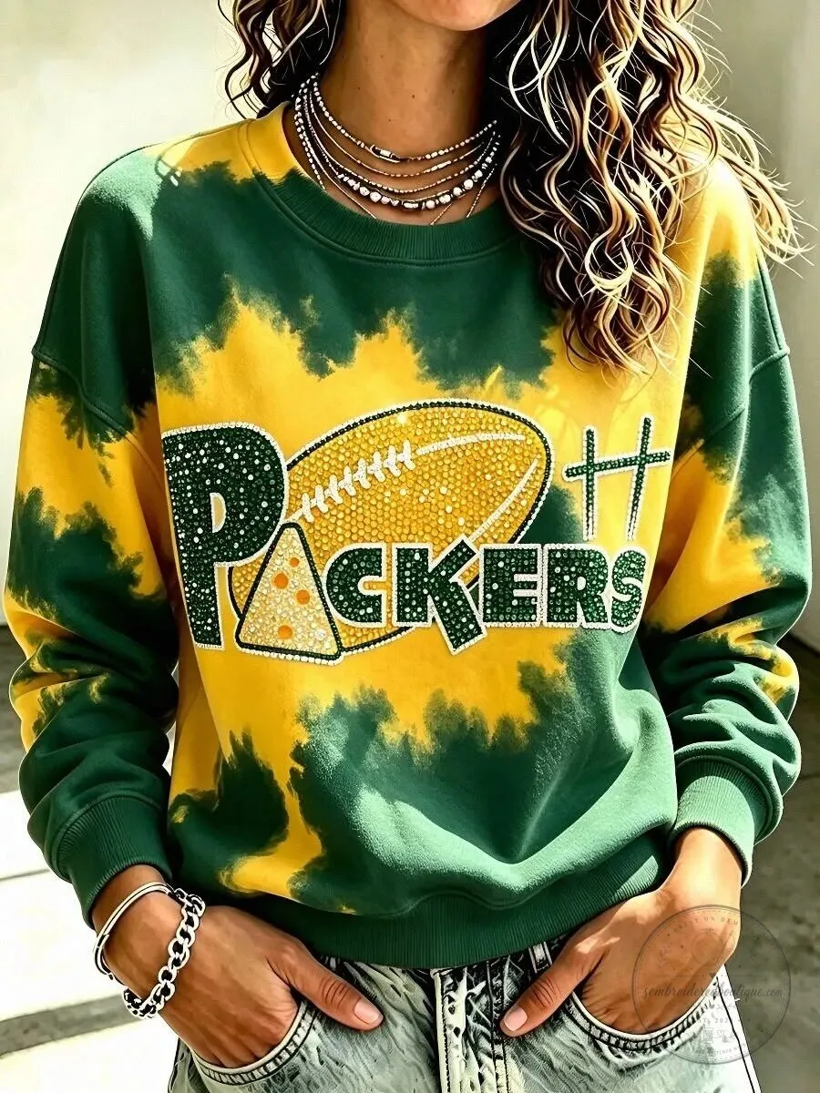 Green Bay Packers Football Rhinestone Tie-Dye Crewneck Sweatshirt for Women