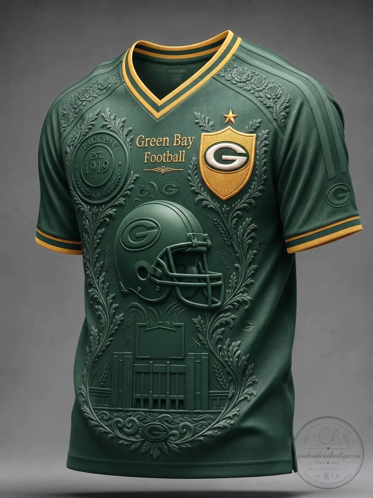 Green Bay Packers Football Embossed Design Retro Style Short Sleeve Jersey
