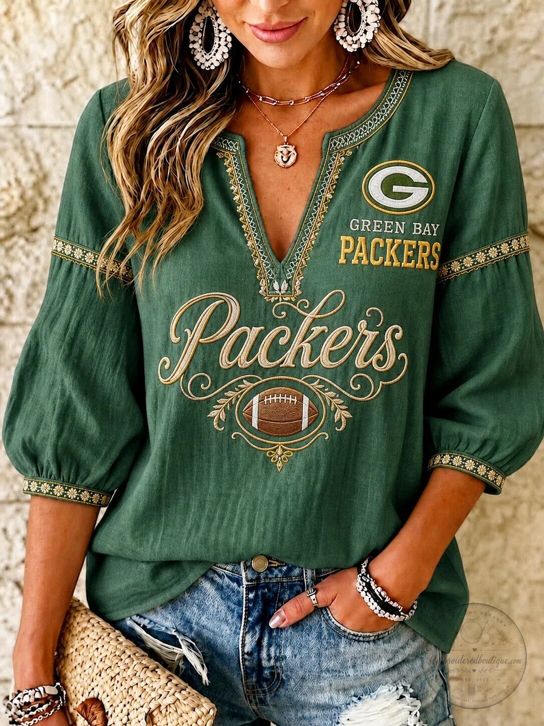 Green Bay Packers Embroidered V-Neck Three-Quarter Sleeve Blouse