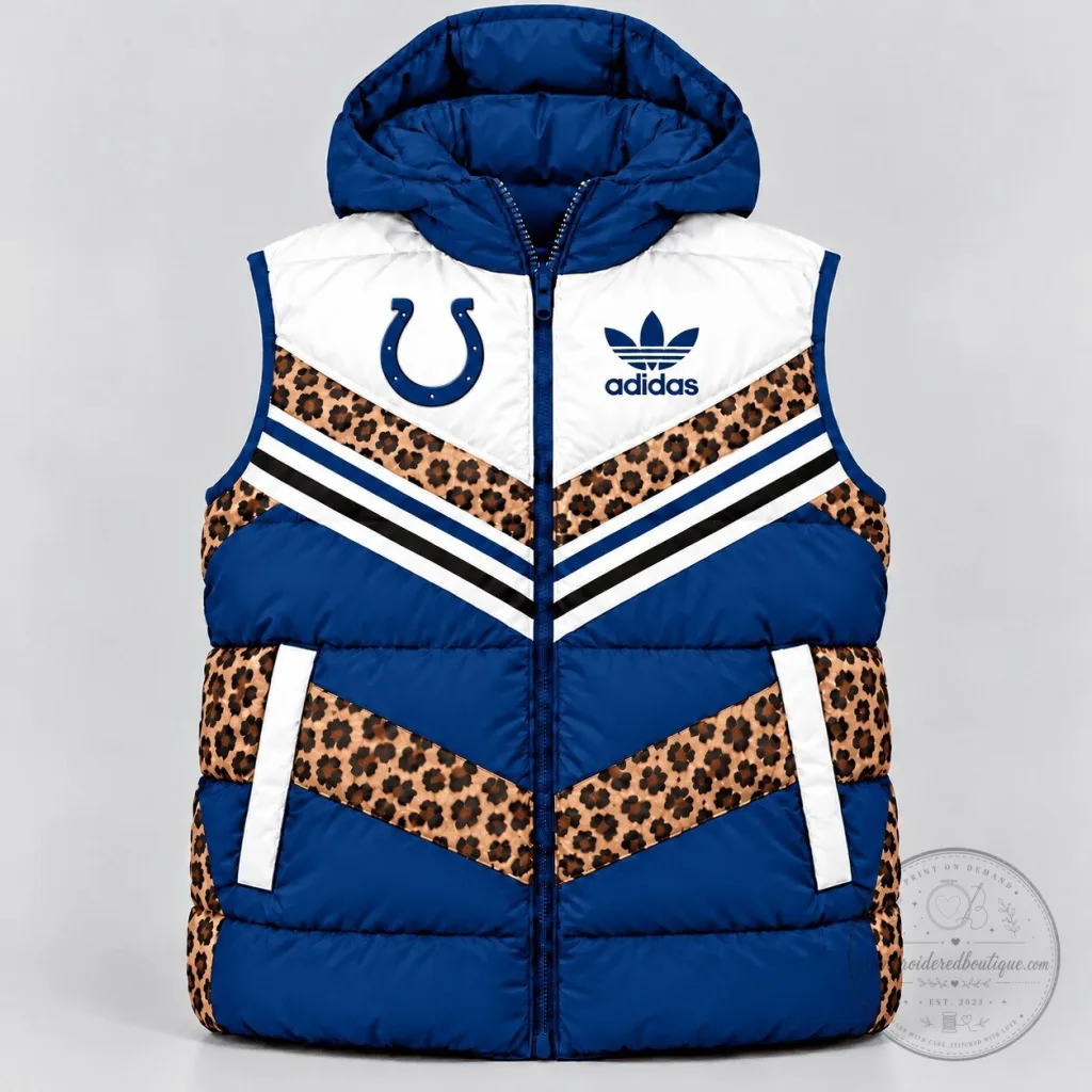 Indianapolis Colts Leopard Print Adidas Hooded Puffer Vest Indianapolis Colts Leopard Print Adidas Hooded Puffer Vest