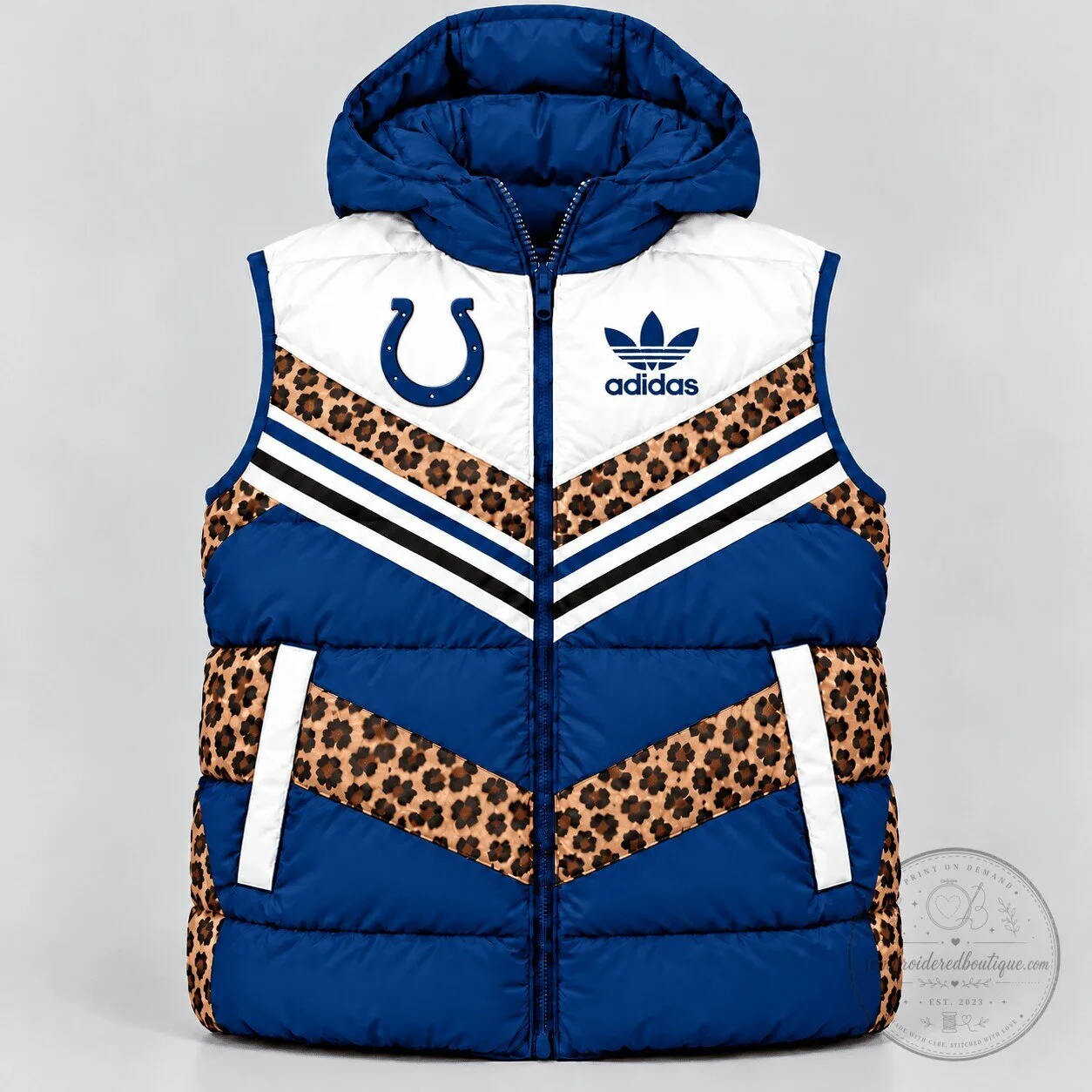 Indianapolis Colts Leopard Print Adidas Hooded Puffer Vest