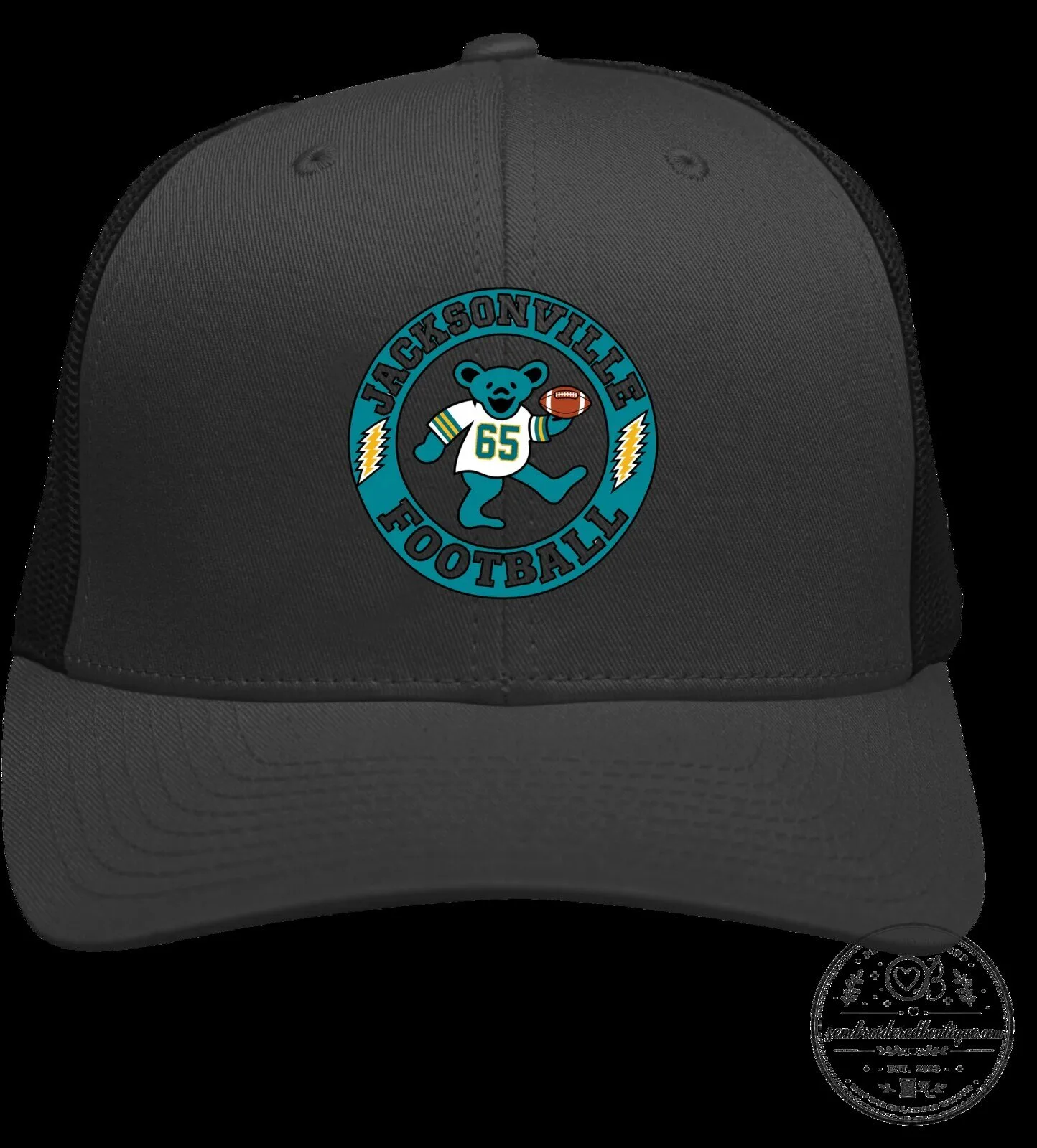 Jacksonville Jaguars Grateful Dead Dancing Bear Football Gray and Black Trucker Cap 7 Jacksonville Jaguars Grateful Dead Dancing Bear Football Gray and Black Trucker Cap