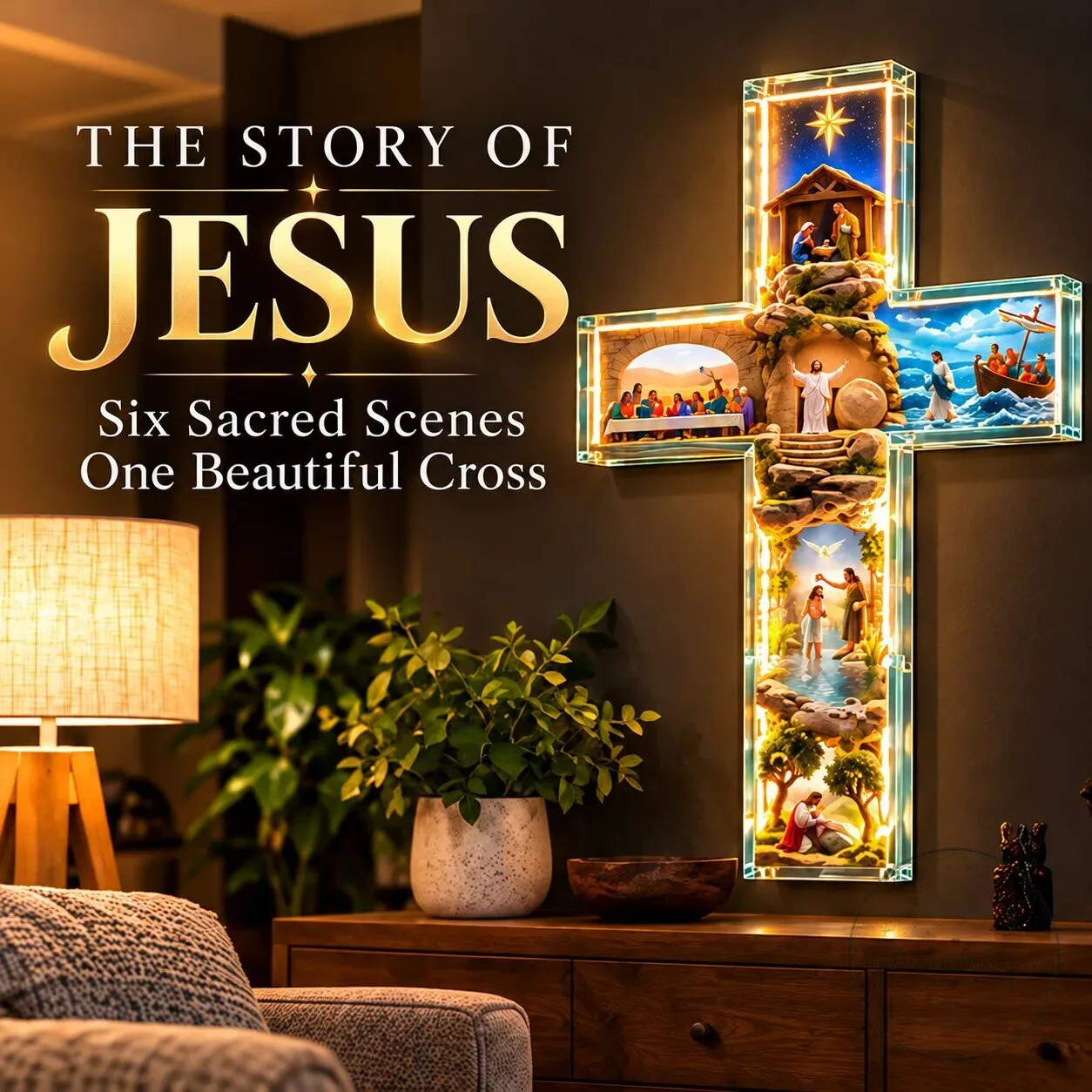 The Story of Jesus Six Sacred Scenes Cross LED Lamp with USB Power