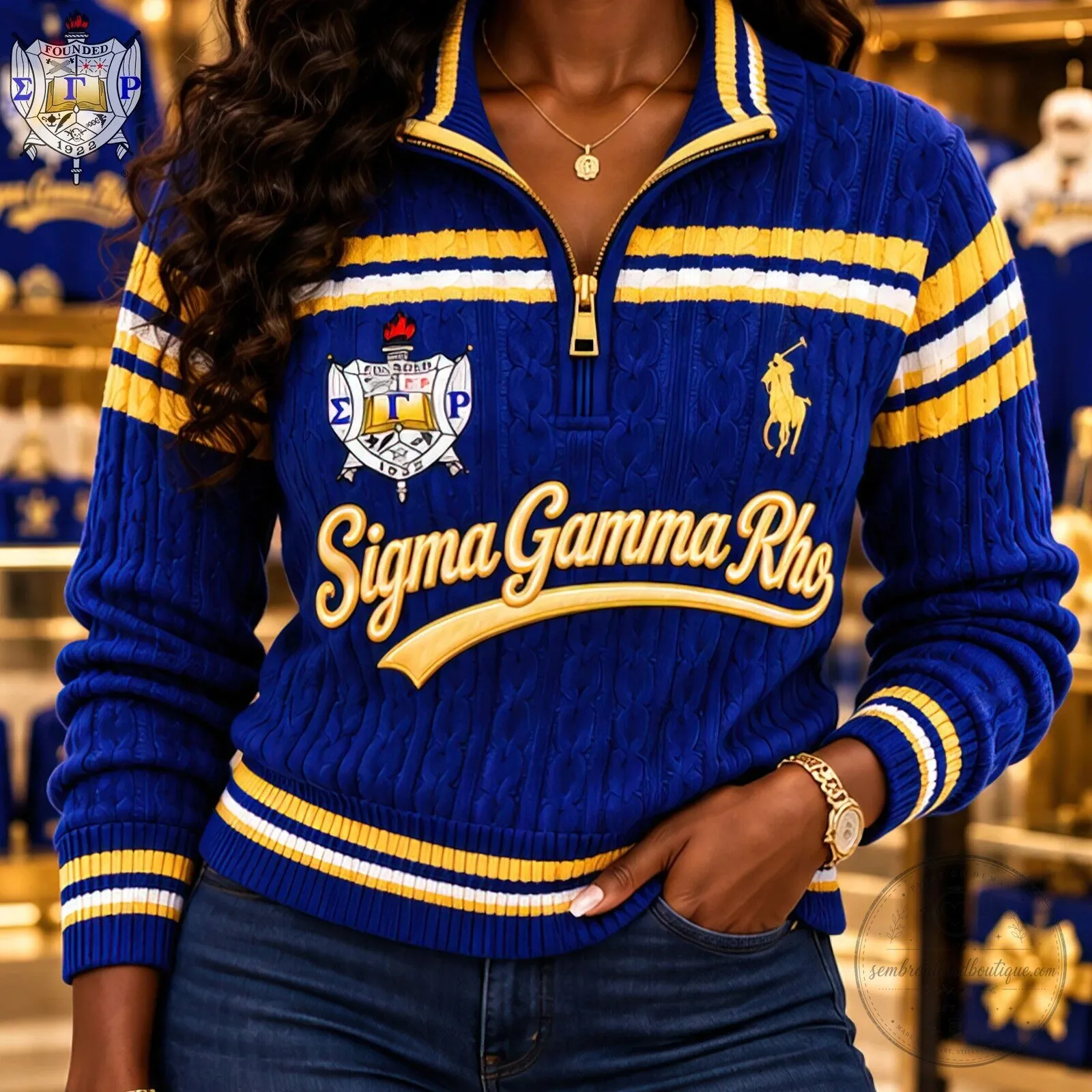 Sigma Gamma Rho Sorority, Inc. Varsity Cable-Knit Quarter-Zip Sweater 8 Sigma Gamma Rho Sorority, Inc. Varsity Cable-Knit Quarter-Zip Sweater