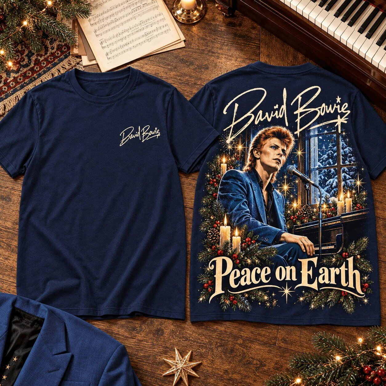 David Bowie Peace on Earth Christmas Holiday Piano T-Shirt for Starman Fans